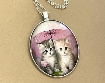 Cute Silver Toned Grey Tabby Orange Tabby Cat Kitten Necklace Pendant Cameo Cabochon on 18-inch Silver Plated Chain Cat Lover Gift