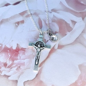 Silver Double Sided Jesus Crucifix Cross Saint Benedict Protection Medal Necklace Pendant From Italy White Rhinestone Drop Jewel 18&quot; Chain