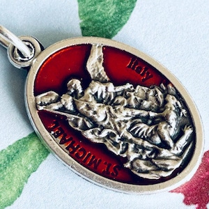 Saint Michael Archangel Double Sided Medal Silver Toned Red Resin Guardian Angel on Reverse Necklace Pendant From Italy on 18 inch Chain