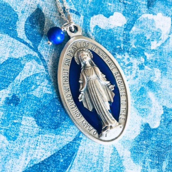 Large Double Sided Silver Tone Blue Enamel Our Lady of Miraculous Medals from Italy Necklace Pendant Blue Drop Bead on Silver Plated Chain