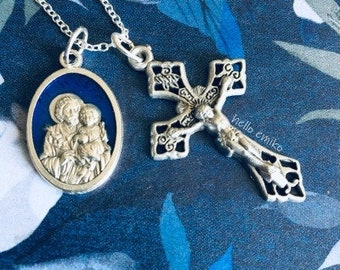 Double Sided Silver Toned And Blue Enamel Saint Joseph Pray For Us Medal Jesus Crucifix From Italy Necklace Pendant Catholic Gift St. Joseph