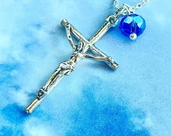 Catholic Silver Tone Modern Jesus Crucifixion Cross Medal Necklace Pendant with Handmade Blue Drop Bead On Silver Plated 18 Inch Chain