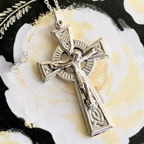 Ornate Silver Toned Double Sided Celtic Cross Jesus Crucifix Necklace Pendant 18 Inch Silver Plated Chain Irish Gift Catholic Gift