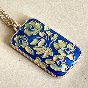 Gold Toned Blue Background with Raised Enamel Green Yellow Floral Design Rectangular Shaped Necklace Pendant on Gold Plated 18 Inch Chain