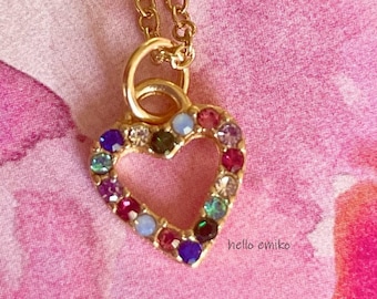 Danty 1/2 " Girls Multicolor Jeweled Heart Necklace Pendant Gold Toned Orange Green Pink Blue Rhinestones 18" Gold Plated Adjustable Chain