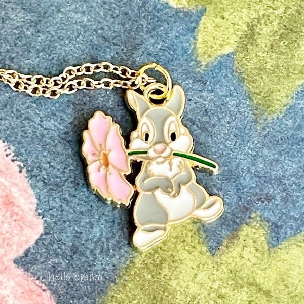 Cute Little Bunny Rabbit Gold Tone Grey and Pink Enamel Easter Necklace Pendant Bunny Charm on 16 -18 Inch Adjustable Gold Plated Chain