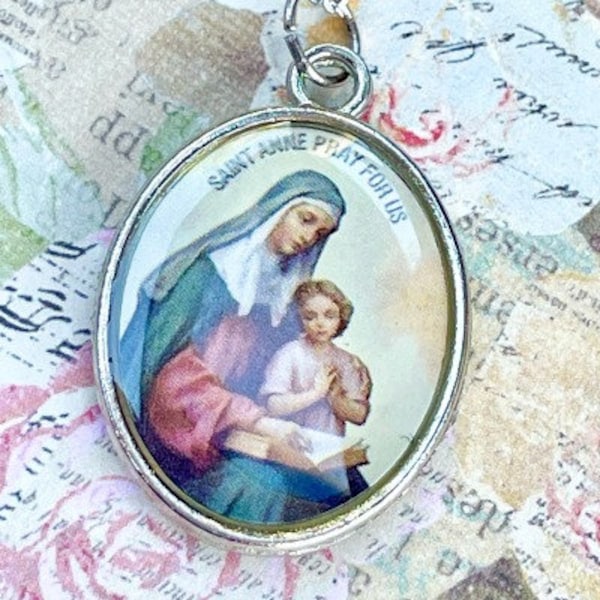 Double Sided SAINT ANNE Pray for Us Photo on Both Sides Necklace Pendant on Silver Plated 18 Inch Chain Lobster Clasp Catholic Gift