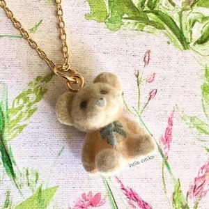 Flocked Fuzzy Soft Velvet Little Mini Brown Bear Charm Necklace Pendant For Ages 3 and up on Gold Plated 18&quot; Chain Lobster Clasp Closure