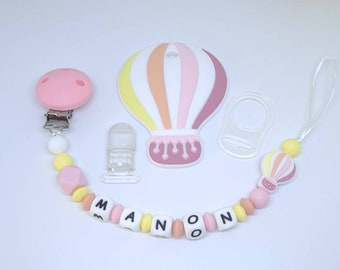 Personalized pacifier pacifier attachment / first name / baby box birth gift baby shower hot air balloon pink yellow mother adapter and comforter