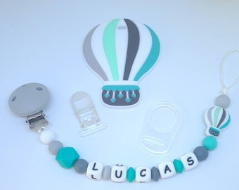 Personalized pacifier clip / first name / baby box birth gift baby shower hot air balloon blue gray mam adapter and cuddly toy