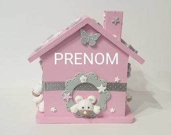 Tirelire maison + prénom bébé / enfant / cadeau naissance / étoiles / nuage / lune / ours / rose en Fimo / cadenas + 2 clefs personnalisée