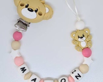 Personalized pacifier attachment / first name / baby birth box gift baby shower bear caramel mam adapter and cuddly toy