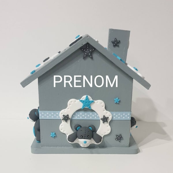 Tirelire maison + prénom bébé / enfant / cadeau naissance / étoiles / nuage / lune / ours / grise en Fimo / cadenas + 2 clefs