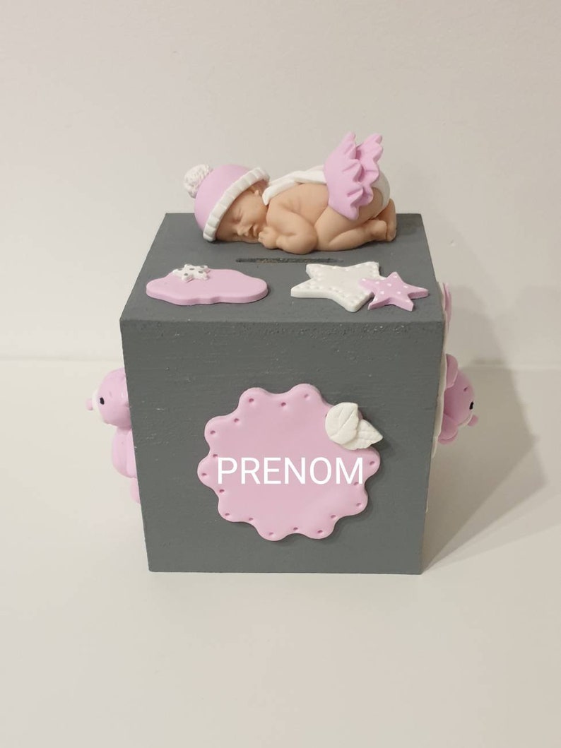 Tirelire prénom bébé/ enfant / cadeau naissance / étoiles / nuage / lune / lapin rose / grise en Fimo image 2