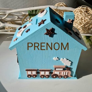 Home piggy bank baby/child first name/birth gift/stars/cloud/moon/bear/Fimo train/padlock 2 keys image 1