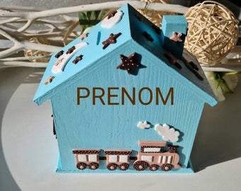 Tirelire maison + prénom bébé / enfant / cadeau naissance / étoiles / nuage / lune / ours / train en Fimo / cadenas + 2 clefs