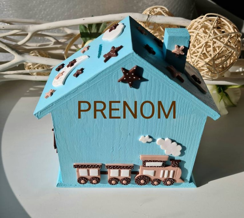 Home piggy bank baby/child first name/birth gift/stars/cloud/moon/bear/Fimo train/padlock 2 keys image 1