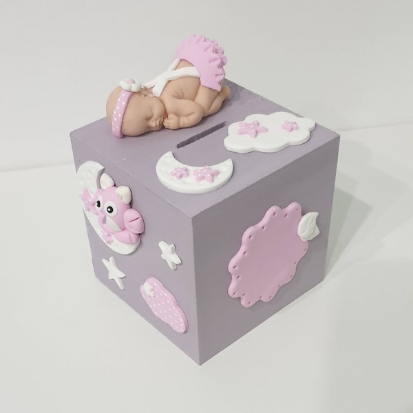 Tirelire + prénom bébé / enfant / cadeau naissance / étoiles / nuage / lune / chouette rose / en Fimo