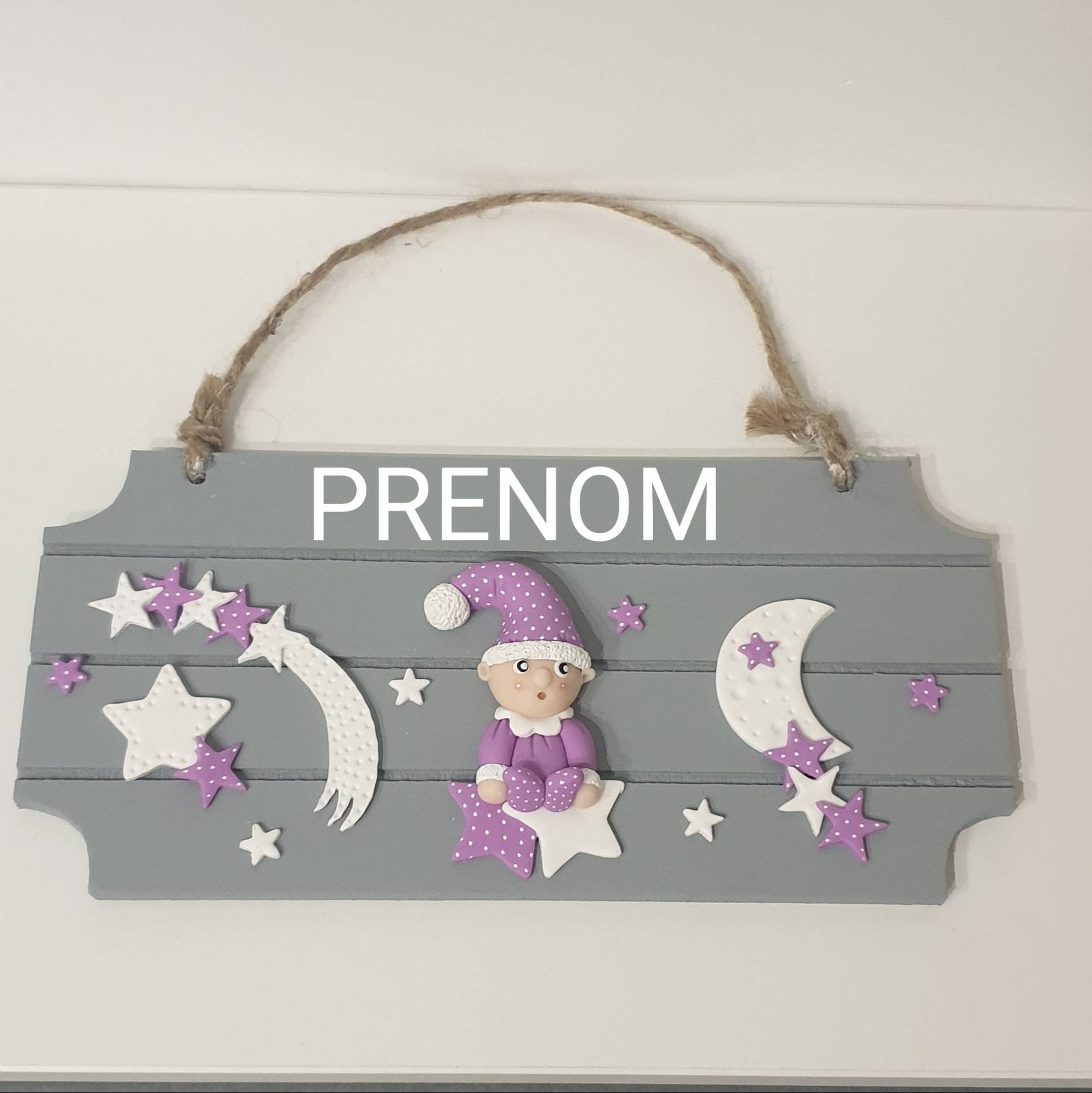 Plaque de Porte/Ou Murale Enfant Bébé/ Cadeau Naissance Lutin Violet Lune Étoile Filante + Prénom Au