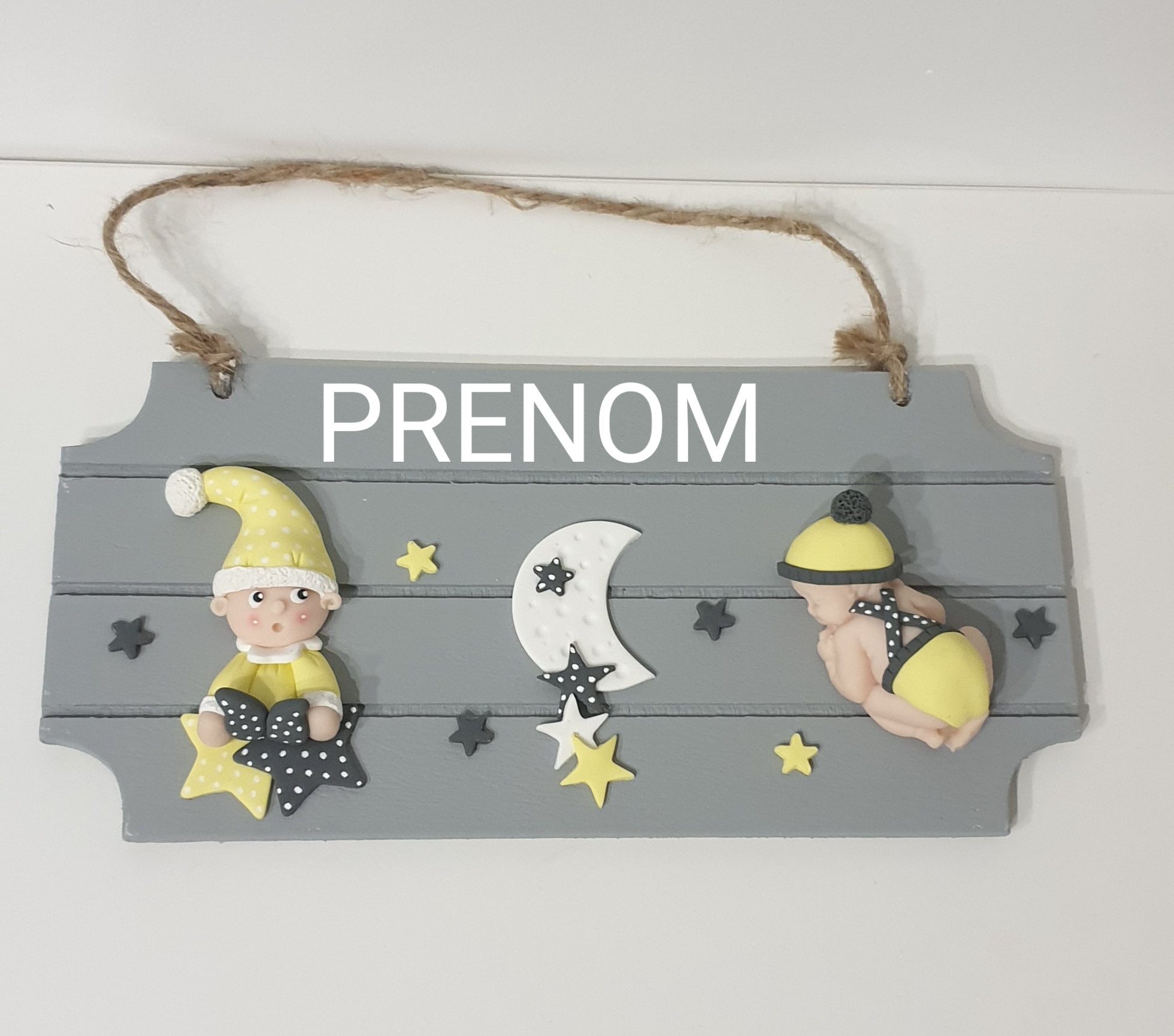 Plaque de Porte/Murale Cadeau Naissance Original Bébé Lutin Lune Étoiles Grise + Prénom