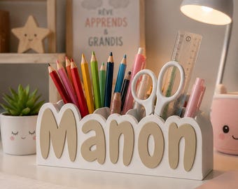 Organiseur de bureau personnalisé avec nom, porte-crayons imprimé en 3D, décoration pour chambre d'enfant