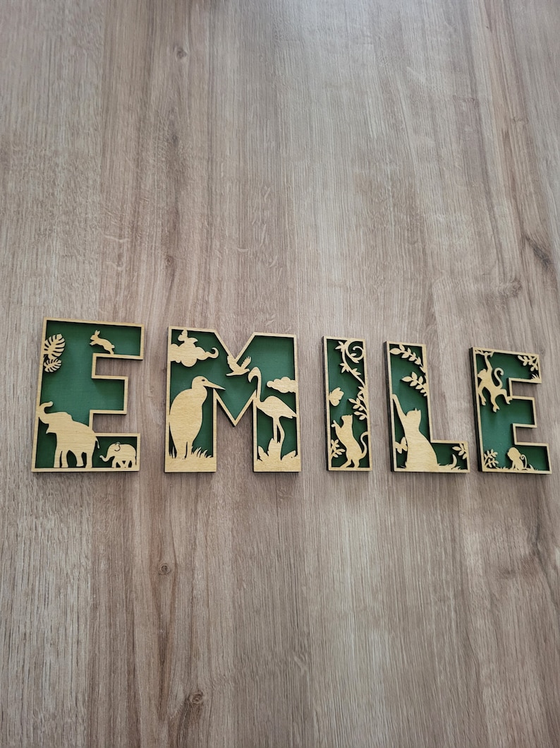 Lettres en bois 3D pour prénom. Thème et couleur au choix animaux jungle savane dinosaure licorne planete forêt chien etc ... image 5