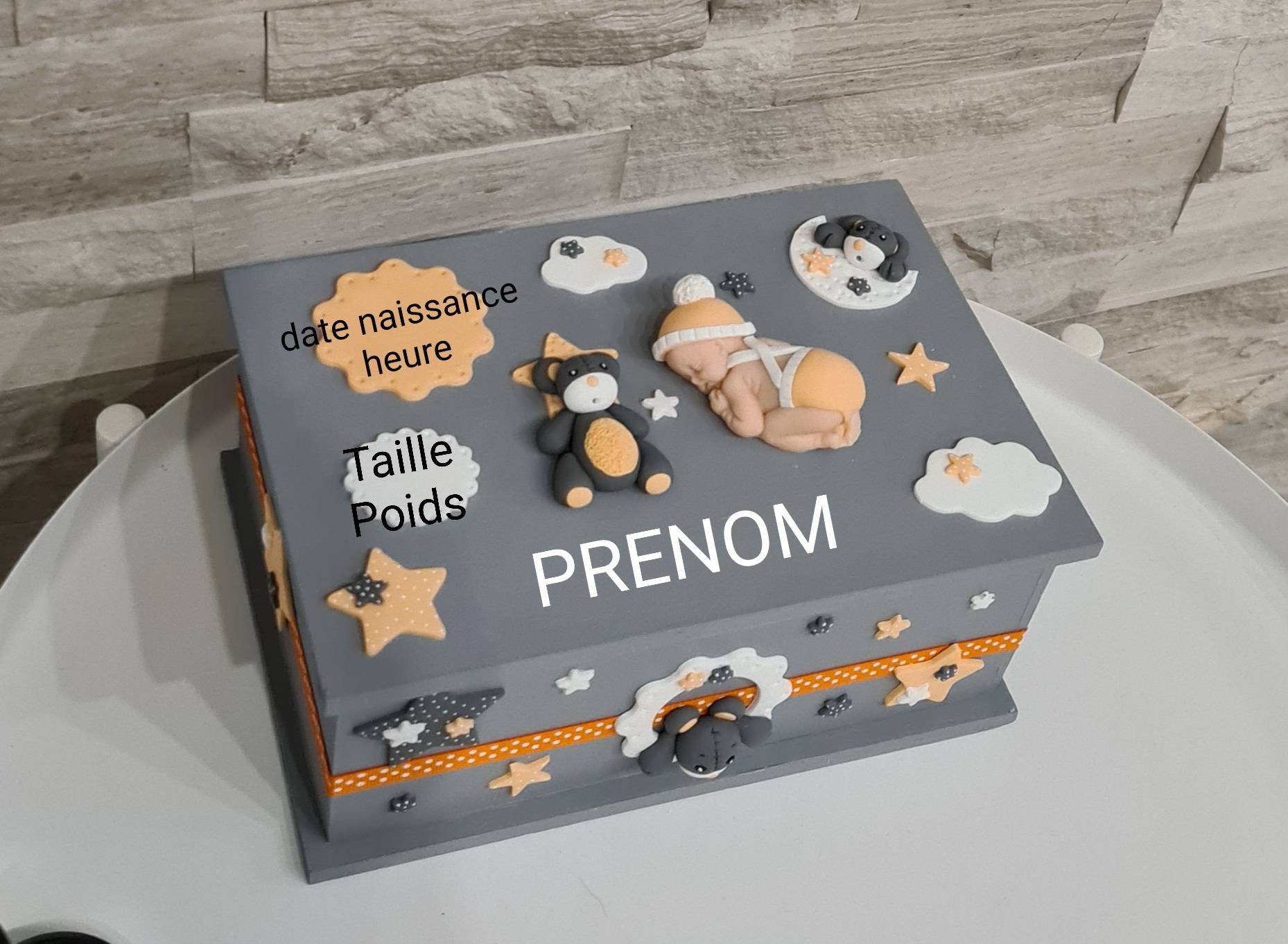 Boite de Naissance en Bois/Cadeau Fille Garcon Bébé Décoration Chambre Étoile Lune Ours + Prénom