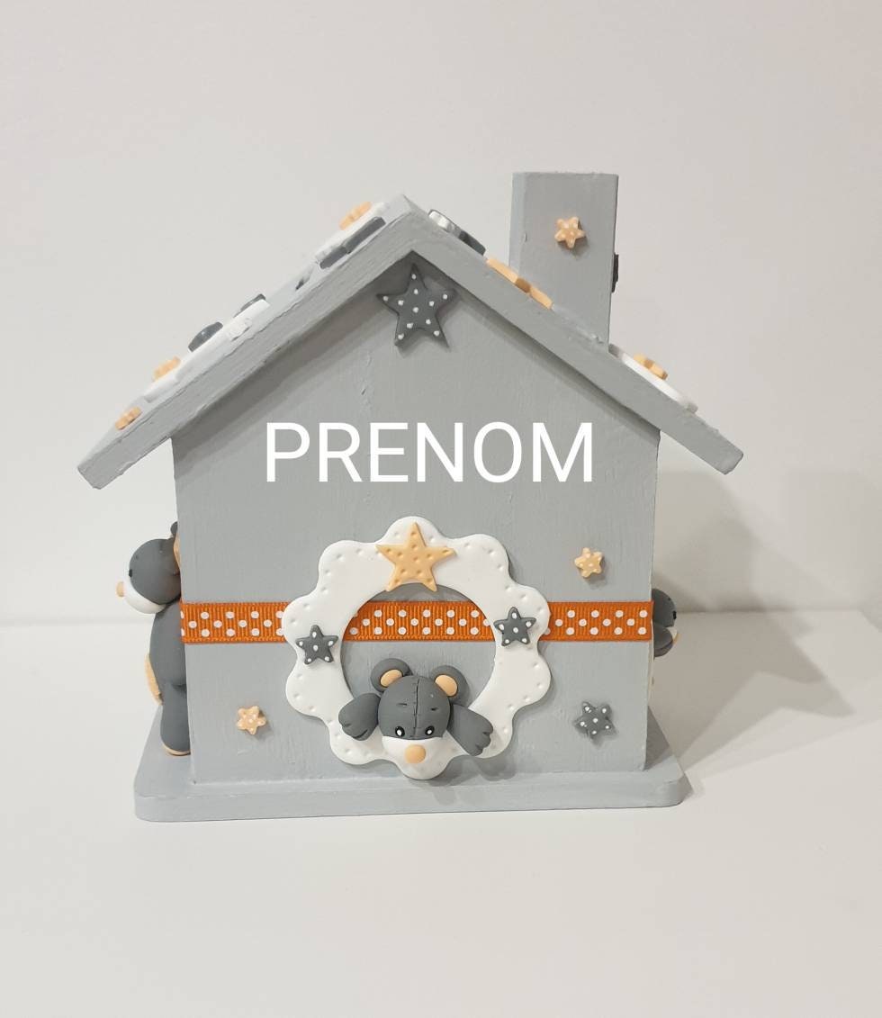 Tirelire Maison + Prénom Personnalisé Bébé/Enfant Cadeau Naissance Étoiles Nuage Lune Ours Grise en 