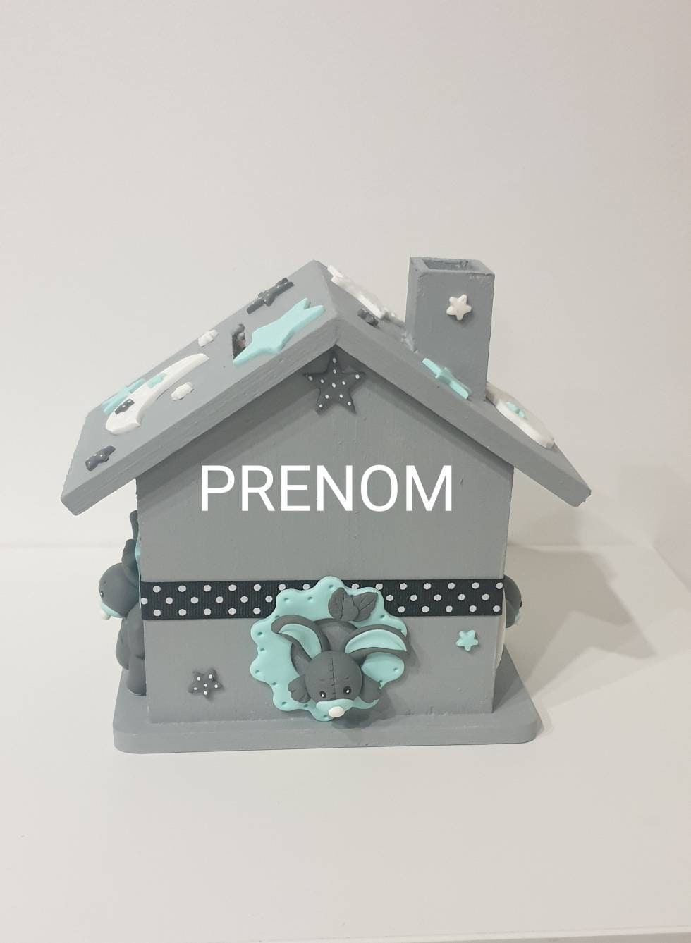 Tirelire Maison/Cadeau Naissance Bébé Fille Garçon Lapin Nuage Lune Étoiles + Prénom