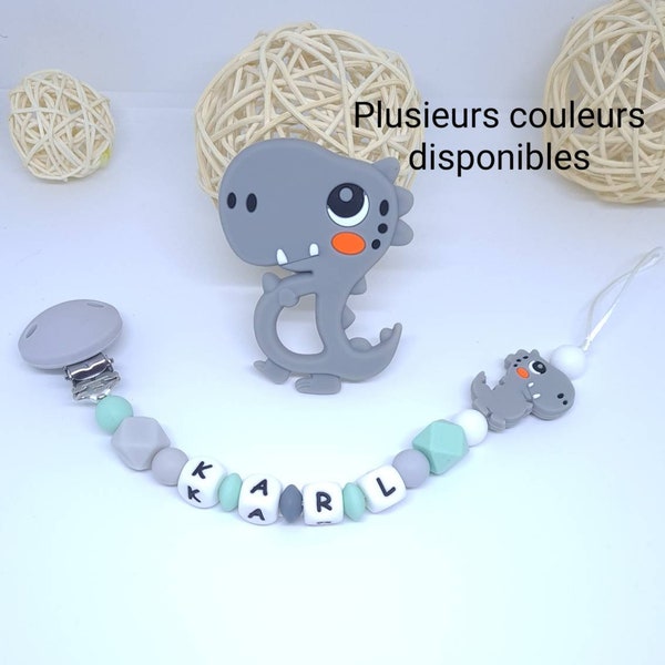 Attache tétine sucette personnalisée / prénom / jouet en silicone alimentaire bébé box naissance cadeau baby shower dinosaure