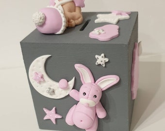 Piggy bank + baby/child first name / birth gift / stars / cloud / moon / pink / gray rabbit in Fimo