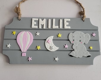 Plaque de porte / murale personnalisé  cadeau naissance / décoration chambre enfant bebe Elephant montgolfiere+ prénom