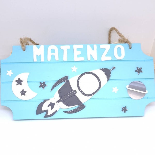 Plaque de porte / murale fusée planète lune / enfant / bébé cadeau naissance / grise + prénom personnalisé