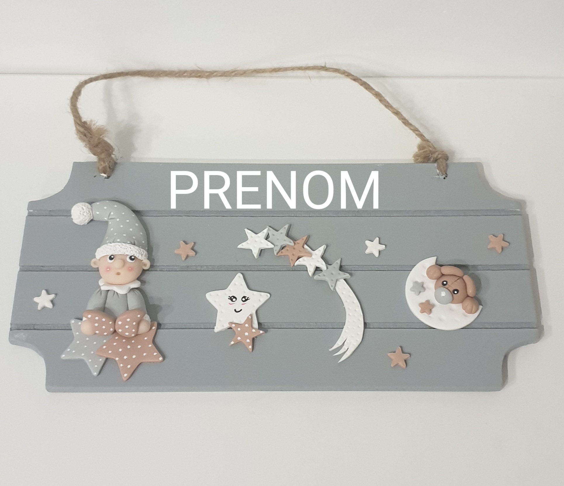 Plaque de Porte Bébé/Enfant Cadeau Naissance Fille Garçon Lutin Étoiles Gris + Prénom