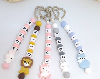 Personalized key rings with first name, colors and decorations of your choice panda lion koala fox unicorn elephant...birth gift