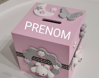 Piggy bank + baby name / child / birth gift / flower bear moon star / pink in Fimo / door plate / personalized birth box