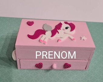 Pink jewelry box for child girl / unicorn / cloud / rainbow / personalized gift + first name