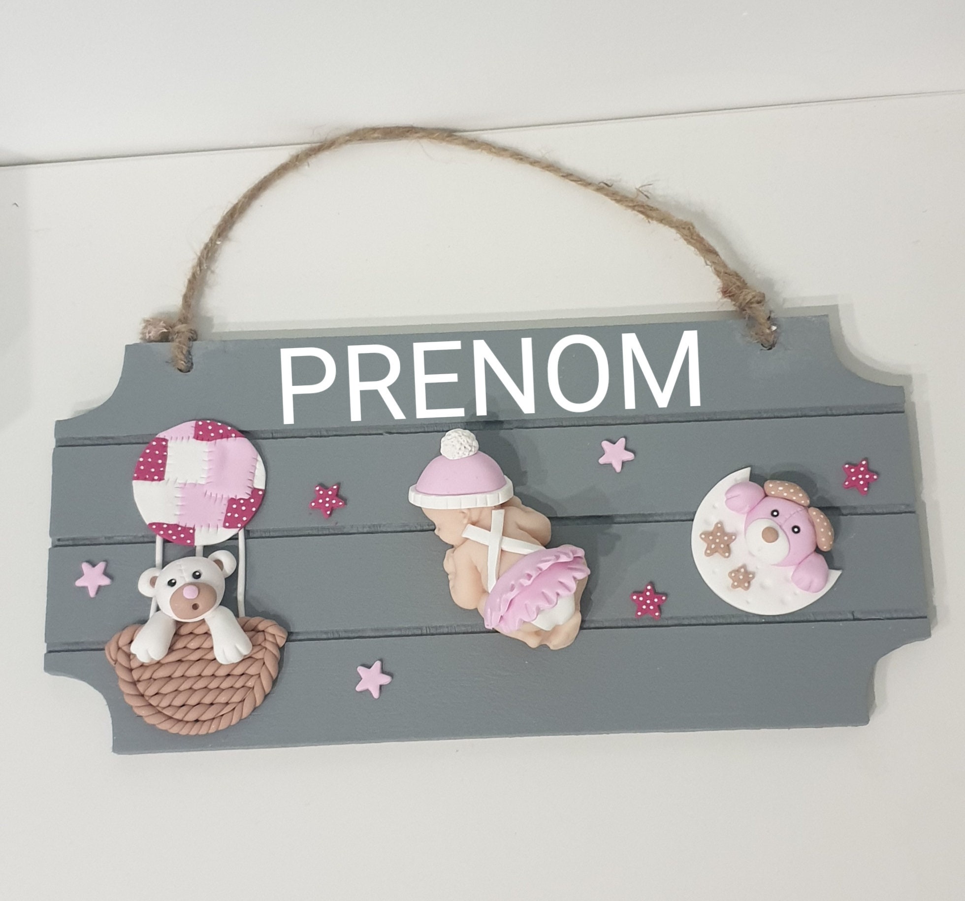 Plaque de Porte Fille/Bébé Enfant Lune Montgolfiere Étoiles Fimo Decoration Chambre Cadeau Naissance