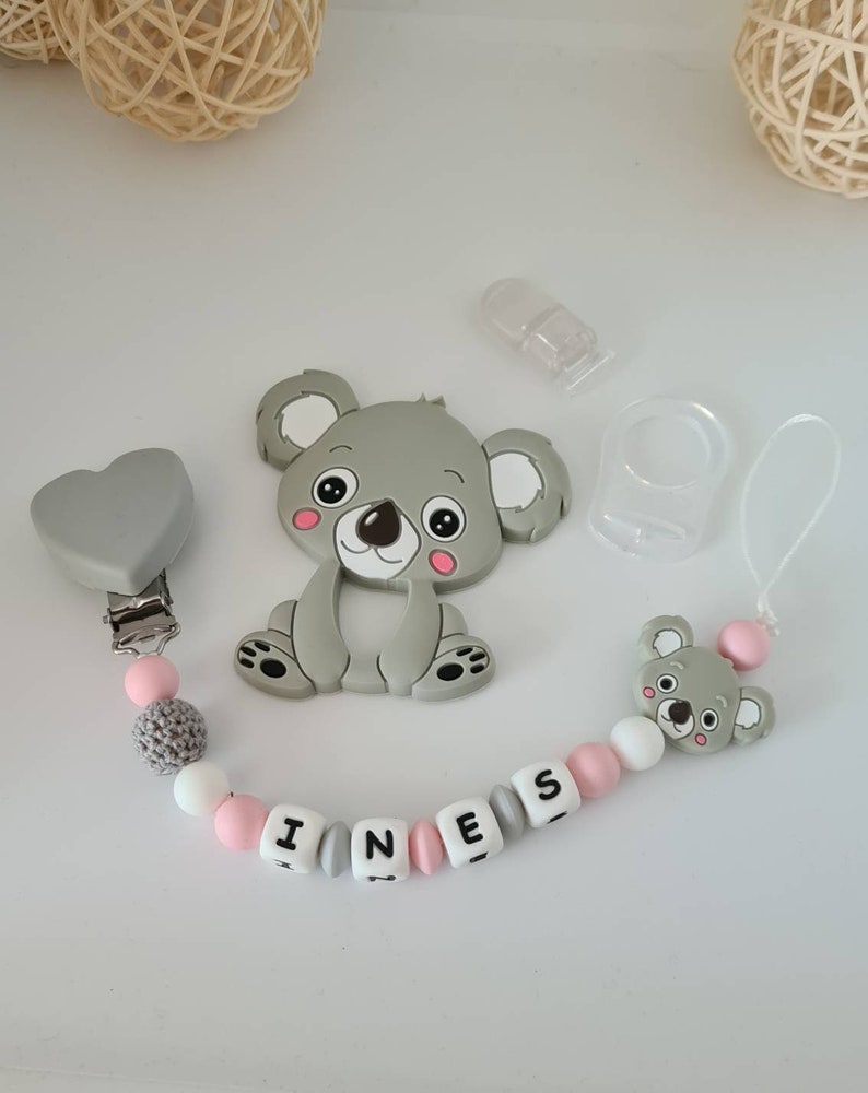 Attache tétine sucette personnalisée / prénom / jouet en silicone alimentaire bébé box naissance cadeau baby shower ours koala image 1