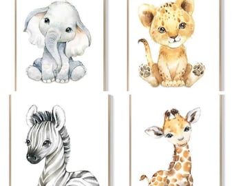 4 Wall Posters A4 Size Canvas Print Animals Zebra Giraffe Elephant Lion Baby Room Decoration Gift