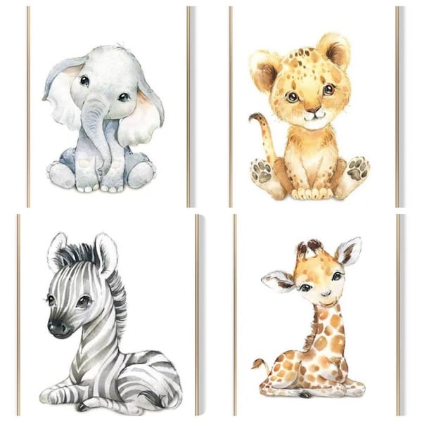 4 Affiches murales format A4 impression sur toile animaux zèbre girafe éléphant lion bébé décoration chambre cadeau