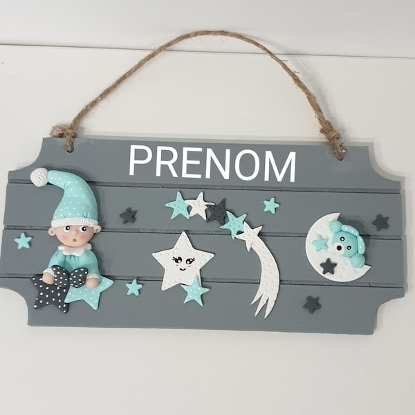 Plaque de porte / murale / décoration chambre / bébé / enfant / cadeau naissance / Lutin étoiles grise + prénom personnalisé