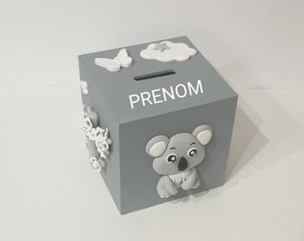 Piggy bank + baby name / child / birth gift / koala / flower / grey Fimo / matching door plate