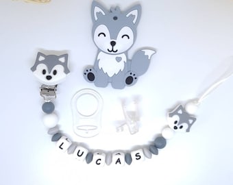 Personalized pacifier clip / first name / baby box birth gift baby shower fox gray wolf adapter mam and cuddly toy