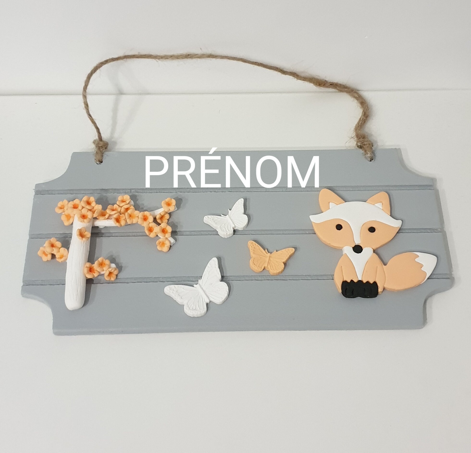 Plaque de Porte/Murale Enfant Cadeau Naissance Bébé Renard Papillons Grise + Prénom Tirelire Attache