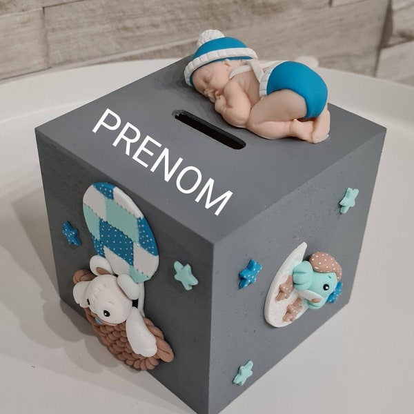 Tirelire + prénom bébé / enfant / cadeau naissance / étoiles / nuage / lune / ours bleu / grise en Fimo / plaque de porte