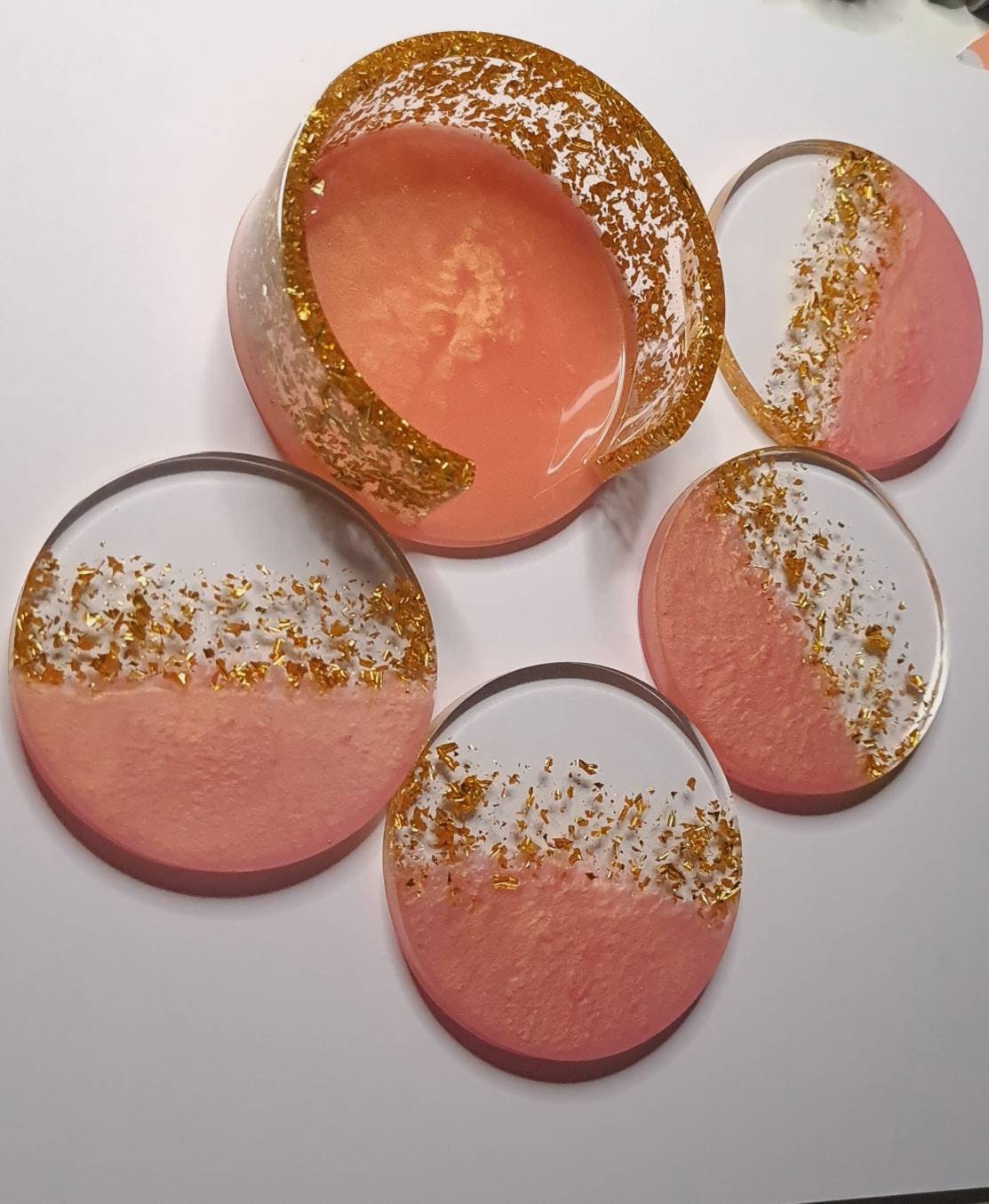 4 Sous Verres + Support de Rangement en Résine Epoxy/Apéritif Feuilles Or Rose Décoration Maison Art