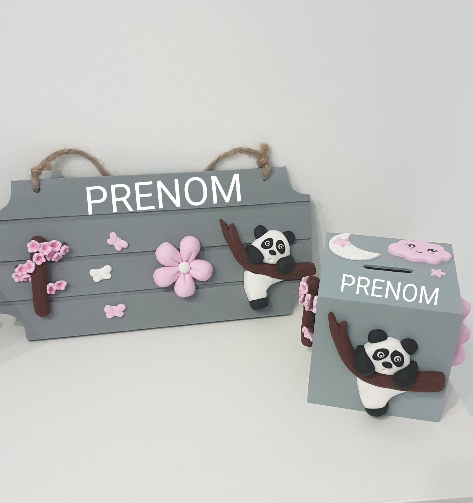 Plaque de Porte et Tirelire Panda + Prénom Bébé/Enfant Cadeau Naissance Arbre Fleurs Nuage Étoiles L