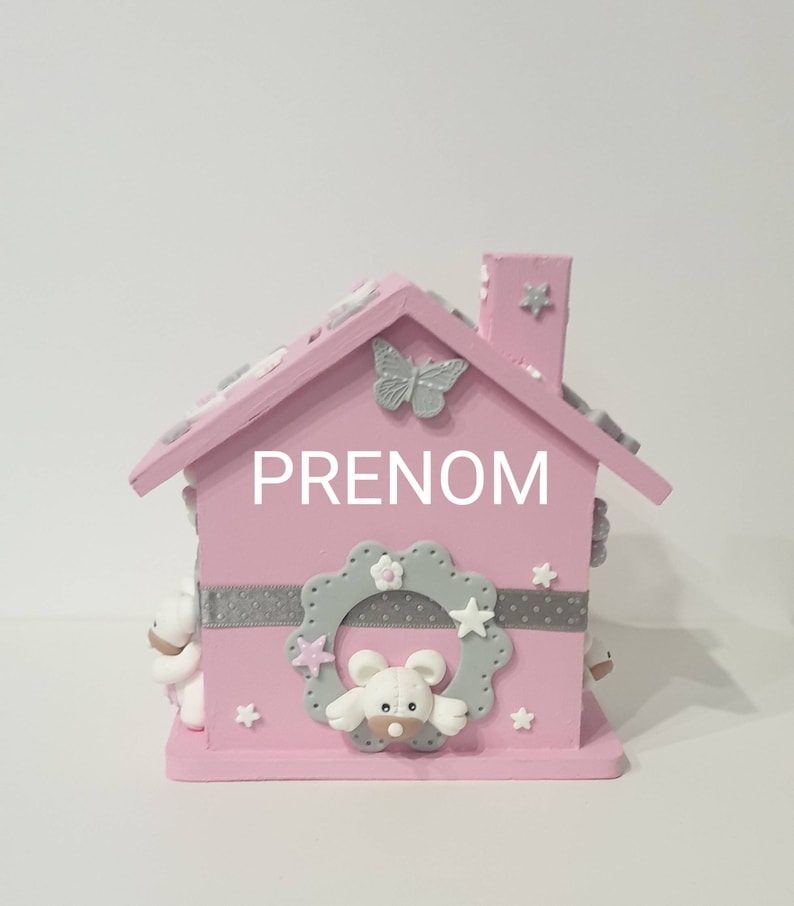 Tirelire maison prénom bébé / enfant / cadeau naissance / étoiles / nuage / lune / ours / rose en Fimo / cadenas 2 clefs personnalisée Rose et gris