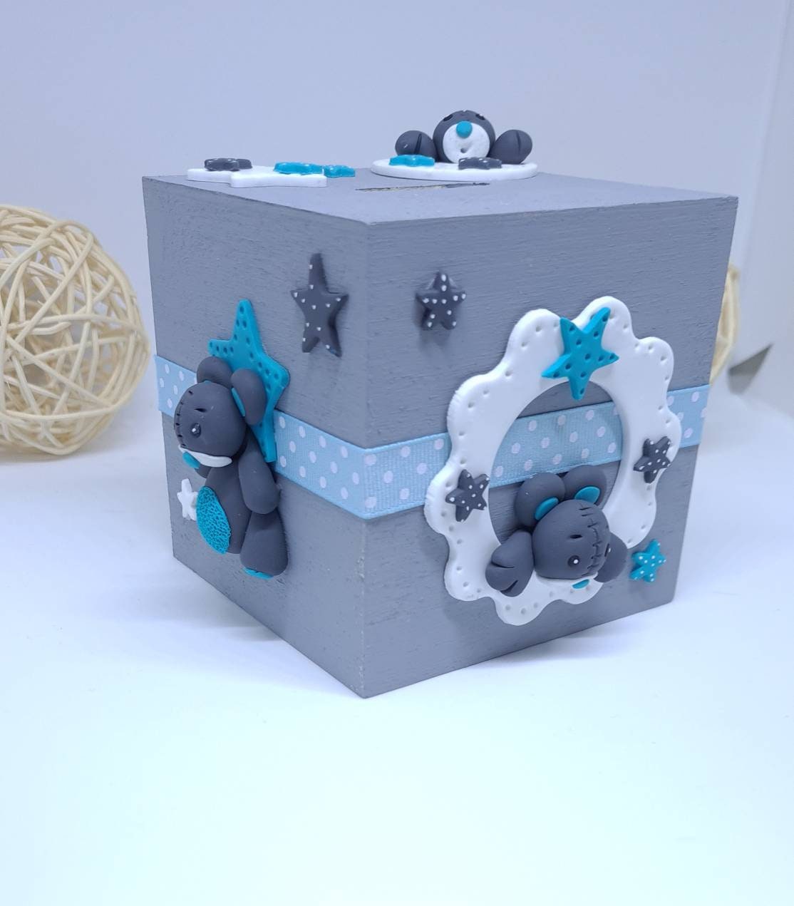 Tirelire + Prénom Bébé/Enfant Cadeau Naissance Étoiles Nuage Lune Ours Bleu Grise en Fimo